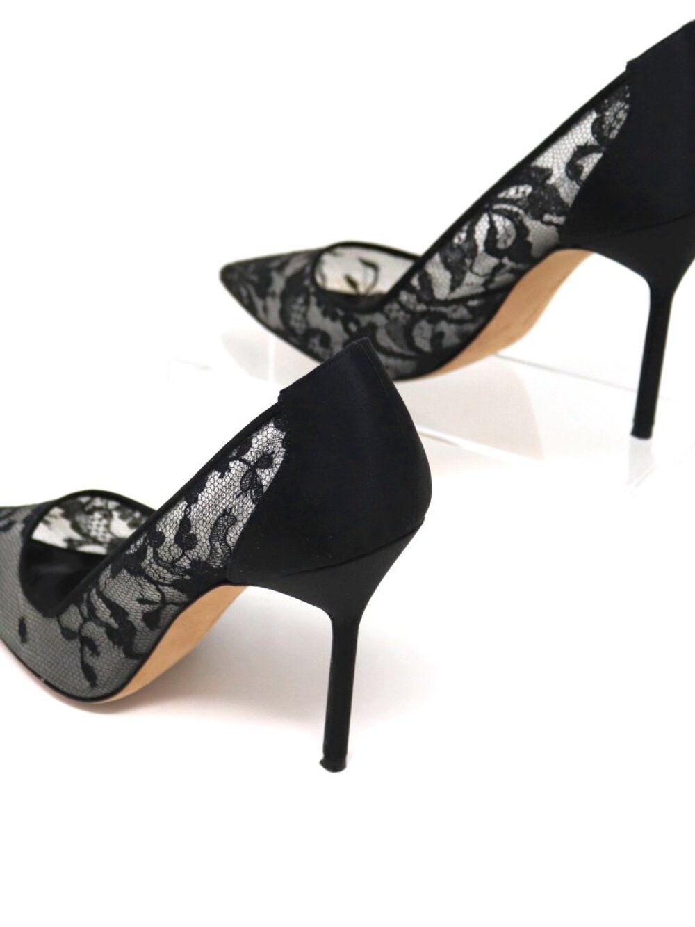 SOLD——- Manolo Blahnik 38 BB 105 Black Floral Lace Satin Stiletto Point Toe Pump - Picture 8 of 15